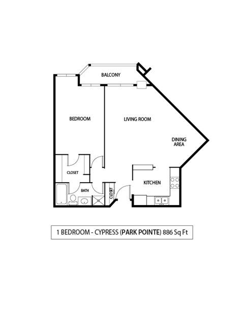 Floor plan for 1 bed, 1 bath, 886 sqft